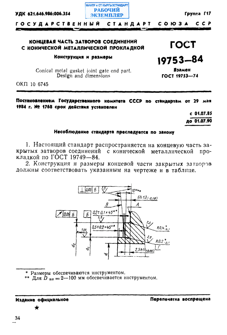 Концевая часть затворов соединений с конической металлической прокладкой. Конструкция и размеры